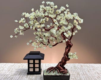 Large Prehnite Crystal Tree, Handmade Gemstone Bonsai, Tree of Life, Unique Home Decor