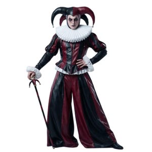 Harlequin Jester-kostym i äkta läder – medeltida gotisk outfit, rödsvart karnevalskostym för Halloween