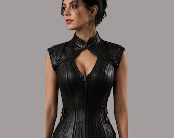 Women's Genuine Leather Corset Vest - Gothic Waistcoat - Steampunk Corset Top - Handmade Black Leather Vest