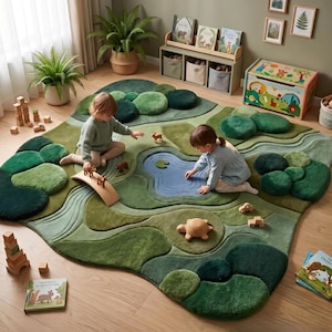 May include: A large, irregularly shaped area rug featuring a textured, multi-layered landscape design in various shades of green. The rug includes a central blue pond element, raised plush sections resembling hills or foliage, and a soft, tufted surface.