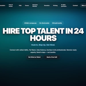 May include: A website landing page with a dark teal gradient background featuring the bold white text HIRE TOP TALENT IN 24 HOURS. Below this, the text reads Hook In. Step Up. Get Hired. It includes navigation menus and buttons for Get Hired as Talent and Book a Free Call.