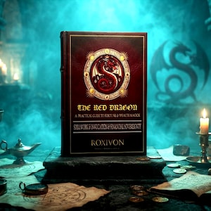 May include: A dark red hardcover book titled The Red Dragon: A Practical Guide to Fortune & Wealth Magick, featuring a gold circular dragon emblem on the cover, with the text Spellwork & Invocation & Financial Sovereignty and Roxivon.