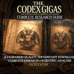 Può includere: Una guida di ricerca digitale intitolata The Codex Gigas, The World's Largest Medieval Manuscript, che mostra un libro aperto con un'illustrazione dettagliata di una figura cornuta. Il testo include 38 Page, High Quality PDF, Instant Download, Complete Research, Scientific Analysis e Roxyvon.