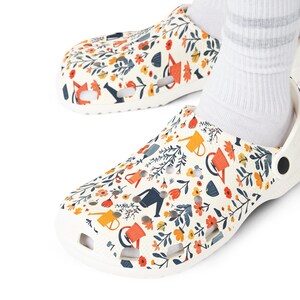 Whimsical Garden Pattern Clogs EVA Foam Shoes | Floral Fox & Watering Can Print, Gift for gardener, Garden lover, Gift for her