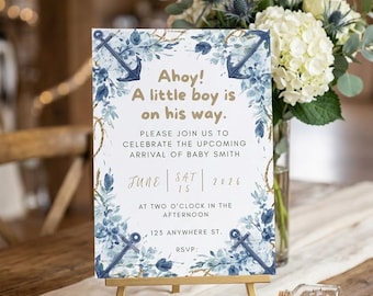 Invitación náutica para baby shower, anclas en acuarela, flores azul empolvado, llegada de un niño (plantilla digital)