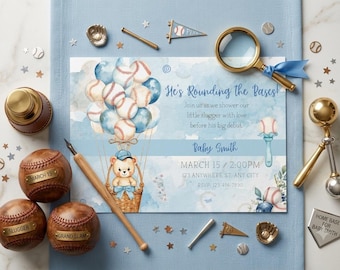 Invitación para baby shower con temática de béisbol, diseño de osito de peluche en acuarela (descarga digital)