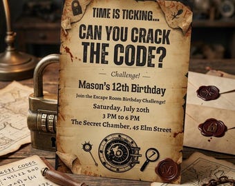 Invitación de cumpleaños con temática de escape room vintage, invitación a fiesta de espías y detectives (plantilla editable de Canva)