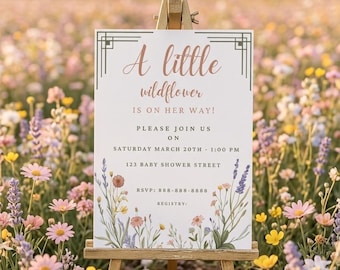 Invitación para baby shower con diseño bohemio de flores silvestres, invitación floral en acuarela para niña (descarga digital)