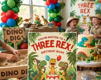 Invitación de cumpleaños con tres dinosaurios Rex, plantilla editable de Canva (descarga digital)