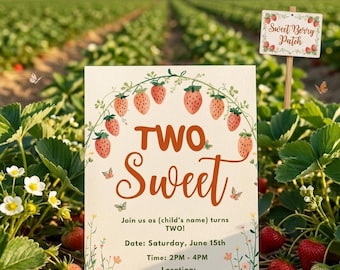 Plantilla de invitación de cumpleaños con dos deliciosas fresas (imprimible digital)