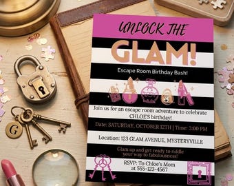 Invitación de cumpleaños con temática de Glam Escape Room, rayas rosas y negras, detective del maquillaje en el spa (plantilla editable de Canva)