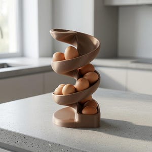 May include: A matte brown spiral egg dispenser featuring a vertical, winding track design that holds multiple light brown eggs. The structure is constructed with a solid base and a continuous, curved ramp that allows eggs to roll down to the bottom.
