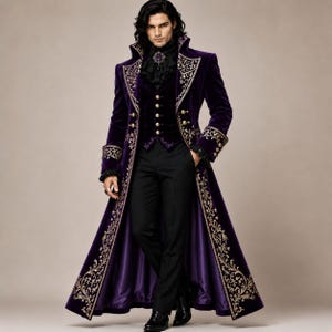 May include: A long purple velvet coat featuring gold embroidery along the lapels and cuffs, worn over a matching purple velvet vest with silver buttons, a black ruffled cravat with a dark brooch, and plain black trousers with black shoes.