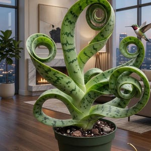 Puede incluir: Una planta suculenta con hojas largas, de color verde claro y en espiral con patrones moteados de color verde oscuro, plantada en una maceta verde oscuro. Un pequeño colibrí de garganta roja está posado en una de las puntas rizadas.