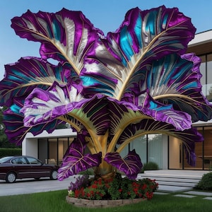 Peut inclure: Une grande plante décorative aux feuilles surdimensionnées et ondulées, arborant des teintes vives de violet profond, d'argent métallique et de bleu sarcelle. La plante possède une tige épaisse et claire, entourée de petites fleurs rouges.
