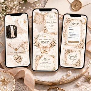 May include: Three smartphones displaying a digital wedding invitation suite with a cream and gold colour palette. The screens feature floral illustrations, bows, stars, a tuxedo, a wedding dress, and text including Written in the Stars, RSVP, and Menu.