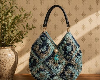 Large eye catching granny square crocheted bag, fully lined and lovely embellishments,  free shipping