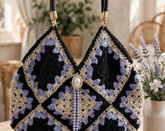 Very beautiful granny square handmade crocheted bag in black and gray and lavender with beaded embellishment to match, free shipping