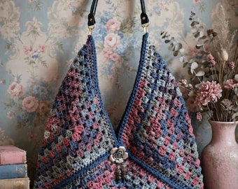 Gorgeous and extra large handmade crocheted bag and gray yarns with cross body handle and fully lined  free shipping