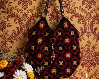 Very warm and lovely handmade granny square crocheted bag with warm red and black yarn, extremely large and fully lined,   free shipping