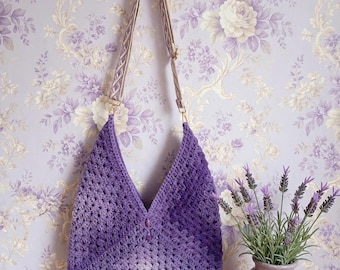 Lovely handmade crocheted bag ombre purple yarn with very lovely matching handle and fully lined free shipping