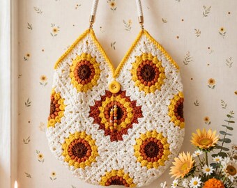 Large and stunning handmade granny square sunflower crocheted bag with embellished with beading and fully lined  offering free shipping