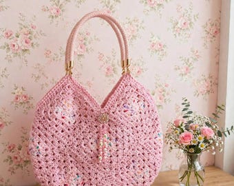 Beautiful handmade pink granny square crocheted bag, fully lined about fifteen inches across free shipping