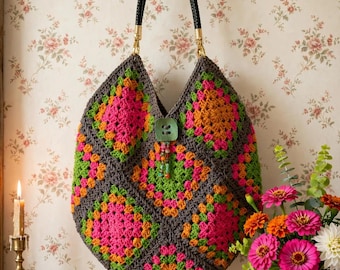 Handmade colorful granny square crocheted bag with matching button and beaded embellishment, free shipping