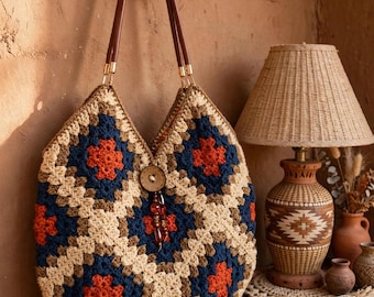 Gorgeous and appealing handmade crocheted granny square bag, fully lined with beautiful fabric and embellishment, free ship