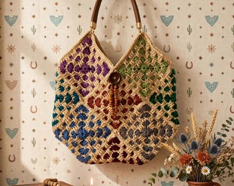 Large Handmade Crocheted unusual granny square Bag with pocket, embellishments fully lined Tote Bag,  free shipping
