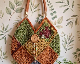 Colorful handmade crocheted bag with fully lined and a pocket with matching handle and Embellishments, free shipping