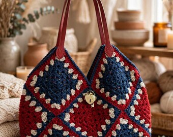 Beautiful red white and blue handmade ranny square crocheted bag, fully lined and embellished, free shipping