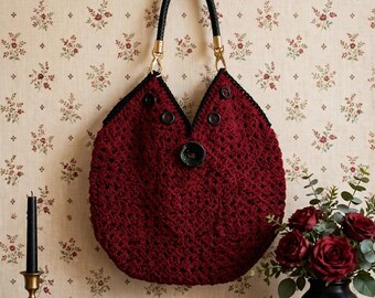 A statement rich red handmade crocheted granny square bag, with smart black accent buttons, fully lined,  free shipping