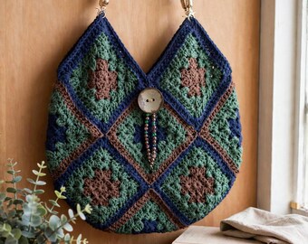 Lovely green and dark blue handmade crocheted bag, fully lined with pocket and matching purse handle, free shipping