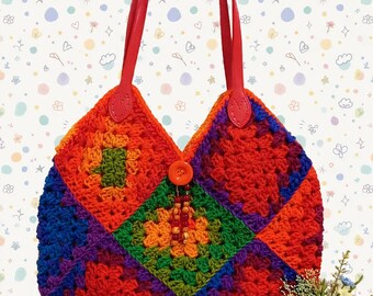 Very colorful and fun Handmade Crocheted Bag, fully lined, Embellished, 13 Inch Wide Granny Square Tote,  free shipping