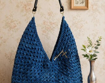 Handmade blue crocheted cross body bag fully lined and embellished,  free shipping