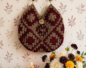 Handmade Crocheted granny square Bag with Pocket and complimentary embellishments, and fully lined with free shipping