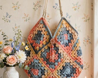 Handmade crocheted bag made with lovely variegated yarn in granny square style with beaded embellishments , handfully lined. Free shipping
