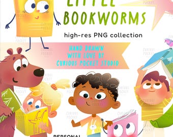 Little Bookworms Clipart - Whimsical Hand Drawn Reading Graphics, Cute Library & Education Classroom Decor, PNG Printable Teacher Clipart