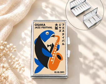 1991 Osaka Jazz Rectangular Mirror Compact 7-Compartment Pill Box Slim Metal Medicine Holder