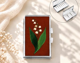 Lily of the Valley Rectangular Mirror Compact 7-Compartment Pill Box Slim Metal Medicine Holder