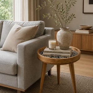 Mesita auxiliar hecha a mano con incrustaciones de nácar / Mesa auxiliar decorativa con diseño floral negro