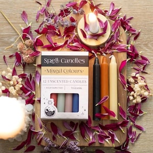 May include: A box of 12 unscented candles labeled Spell Candles Mixed Colours with a 1-hour burn time and 9 grams weight. The box features a potion bottle graphic and contains candles in black, orange, and cream, surrounded by dark pink flower petals.