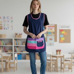 May include: A navy blue tabard apron featuring pink trim along the neckline and armholes. The front includes a large pocket with horizontal stripes in shades of purple, light blue, and pink, plus a smaller navy blue pocket with a pink zipper.