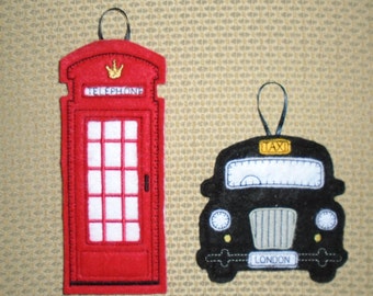 Felt Ornaments- British Icons- London Phone Booth and London Taxi