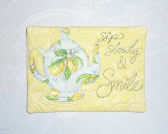 Teapot Mug Rug-with Light Yellow Background and Lemon Print Teapot