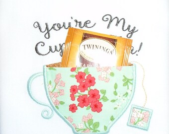 You're My Cup of Tea Kitchen Towel with Pocket Cup-Floral Print with Teal Background