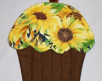 Cupcake Shape Potholder- Sunflower Print and Brown Tonal Fabric