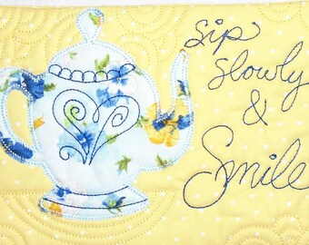 Teapot Mug Rug-with Light Yellow Polka Dot Fabric and Pansies Print Fabric