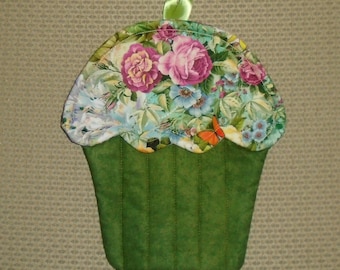 Floral Cupcake Shaped Potholder with Spring Flowers